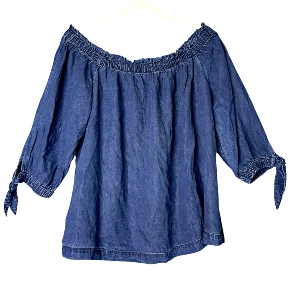 Loft Womens Denim Tie Blouse Sz L Americana Classic Country Concert Off-Shoulder